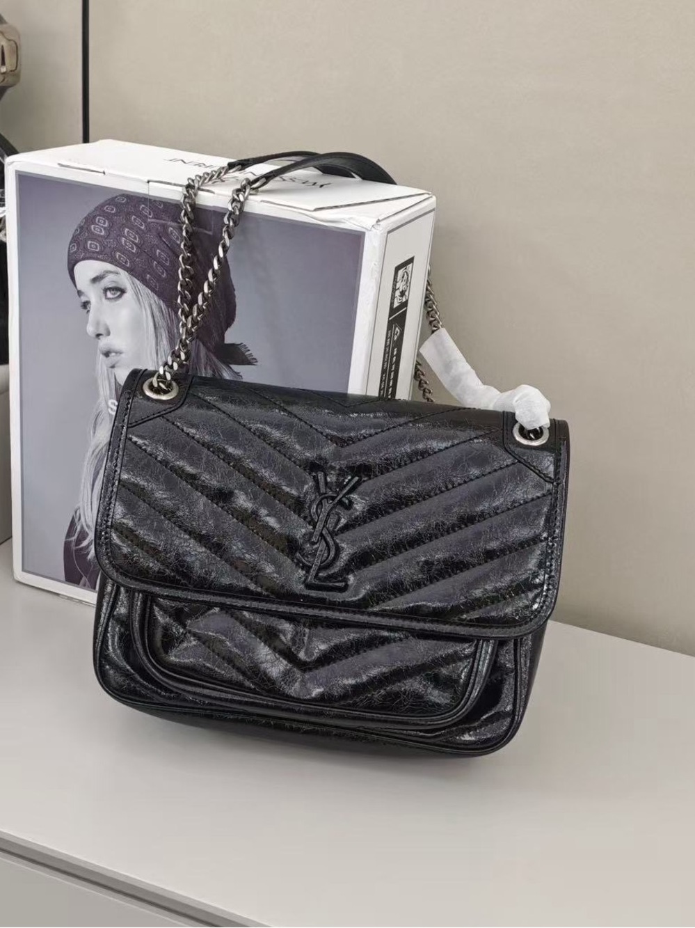 Saint Laurent Black Quilted Leather Shoulder Bag with Chain Strap